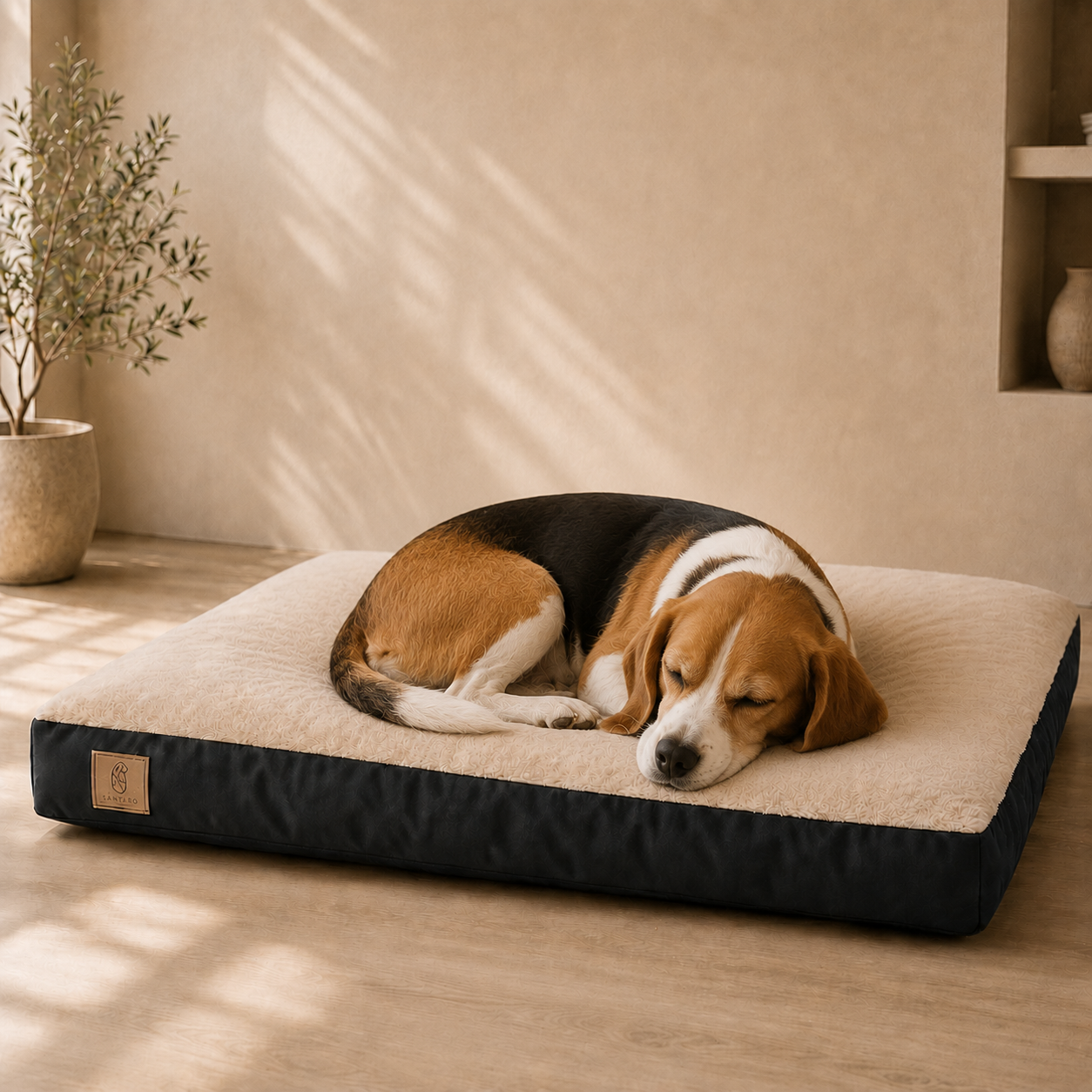 Perro descansando en la cama colchoneta beige